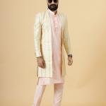 Alluring Pastel Thread Embroidered Cream Open Sherwani with Kurta Pajama Set | Father Son Combo | Jaipurio Collection